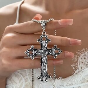 New Large Antique Silver Floral Cross Pendant w/24" Chain Necklace
